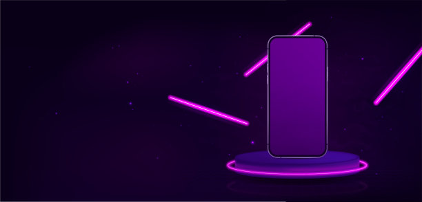 紫色霓虹背景与3D逼真的智能手机图片下载