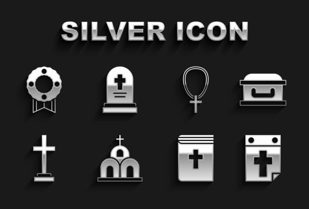 集教堂建筑，棺材与十字架，日历死亡，圣经书，坟墓，基督教链，纪念花环和墓碑图标。向量图片下载