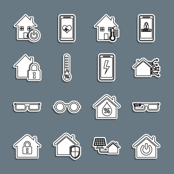 设置行智能家居，眼镜，室内温度，湿度，保护，和移动充电电池图标。向量图片下载