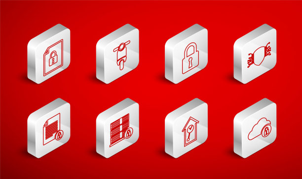 集线云计算锁，滑板车，锁，网络安全，复古墙手表，文件和，服务器与图标。向量图片下载