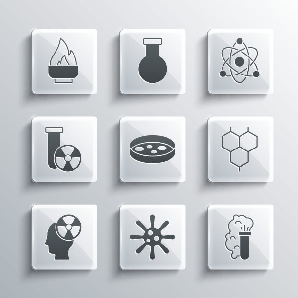 集细菌，化学爆炸，公式，有细菌的培养皿，头部和辐射符号，试管，酒精燃烧器和原子图标。向量图片下载