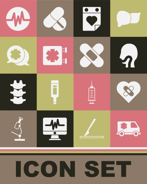 设置急救车，治愈破碎的心，喉咙痛，医生预约，医疗标志，与医生对话，心率和交叉绷带石膏图标。向量图片下载