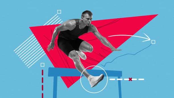 专业男运动员，跑步者跳过障碍在蓝色背景与图纸。现代设计，当代创意艺术拼贴图片下载