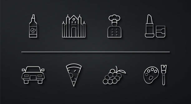 集线瓶橄榄油，汽车，口红，葡萄水果，切片披萨，米兰大教堂，油漆刷调色板和意大利厨师图标。向量图片下载