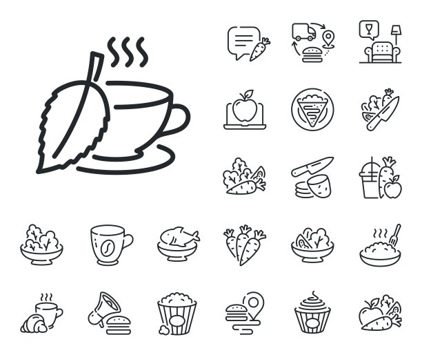 薄荷茶系列图标。新鲜草药饮料标志。可丽饼、甜爆米花和沙拉。向量图片下载