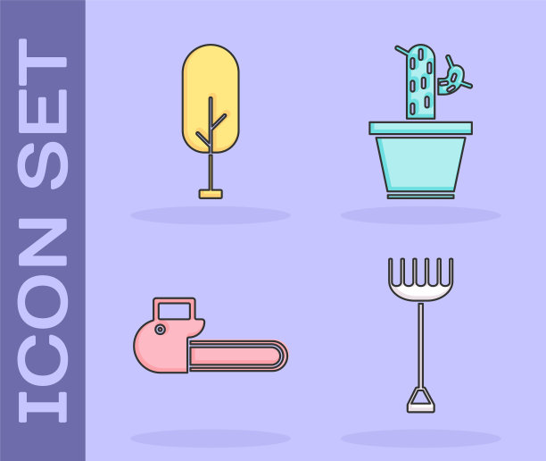 设置花园耙，树，电锯和仙人掌和多肉的锅图标。向量图片下载