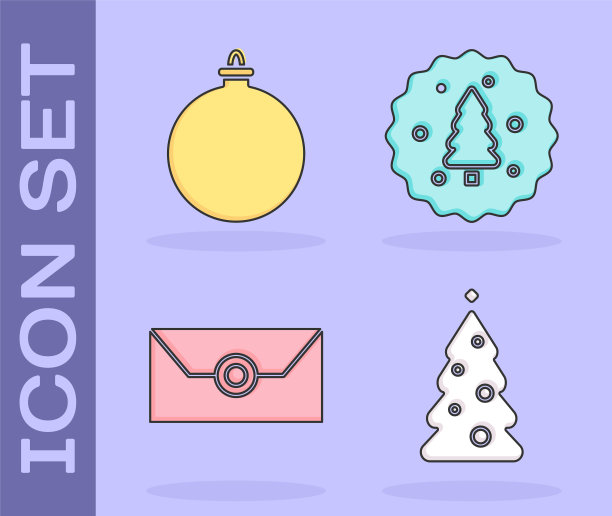 设置圣诞树与装饰，圣诞球，信封与圣诞派对邀请卡和饼干或饼干与巧克力图标。向量图片下载
