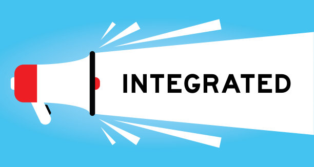 彩色扩音器图标与字集成在白色横幅上的蓝色背景图片下载