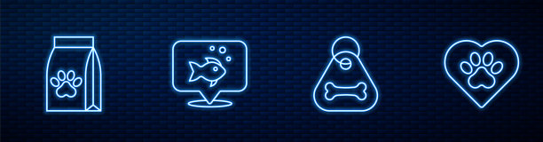 带骨头的狗项圈，宠物食品袋，鱼和心脏动物足迹。砖墙上发光的霓虹灯图标。向量图片下载