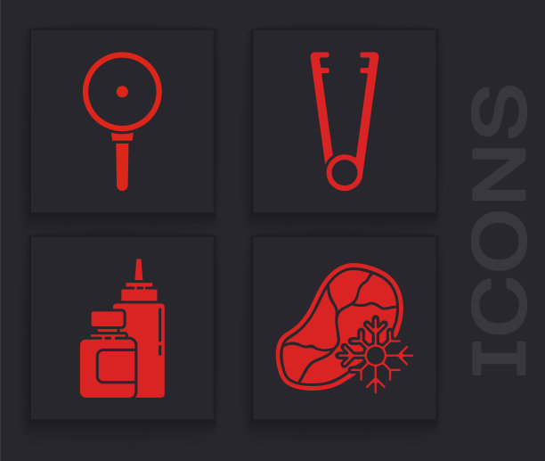 设置新鲜冷冻牛排肉，煎锅，肉钳和酱汁瓶图标。向量图片下载