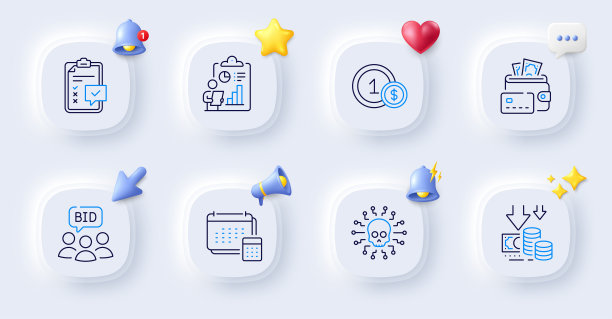 金钱，网络攻击和美元硬币线图标。对于web应用程序，打印。向量图片下载