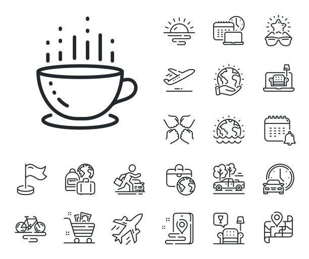 咖啡杯线条图标。热茶饮料标志。酒店服务。飞机、旅行地图和行李领取处。向量图片下载