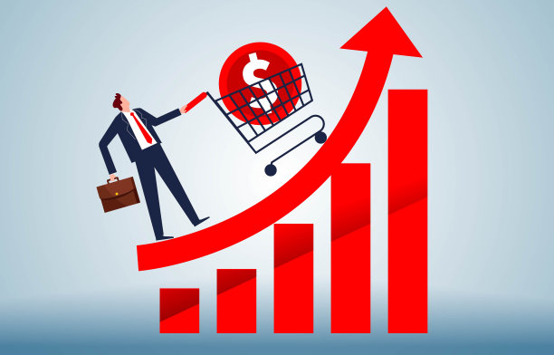 低买高卖，投资赚钱，理财或储蓄，物价上涨，通货膨胀，商人在上升的图表箭头上推着购物车图片下载