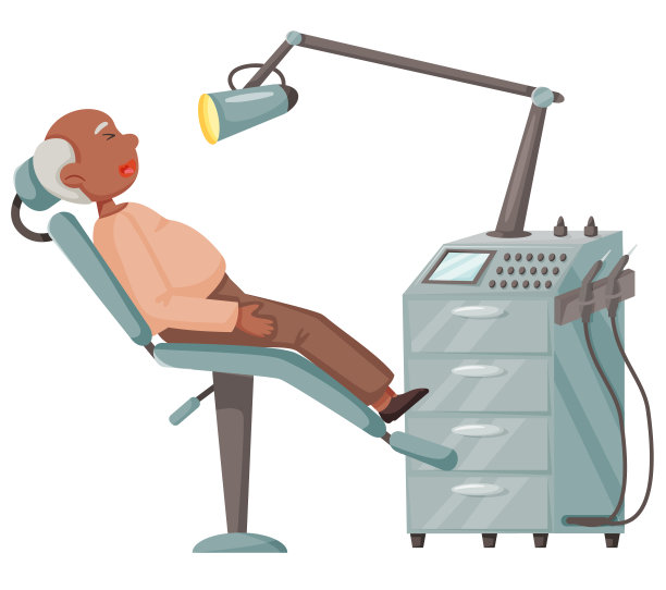 牙痛患者坐在牙医椅上，接受牙科治疗。一个人躺在牙科诊所的椅子上图片下载