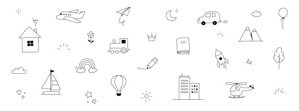 手绘可爱的孩子图标集背景。可爱的素描风格涂鸦儿童元素彩虹，汽车，火箭，花。线铅笔小元素。向量图片下载