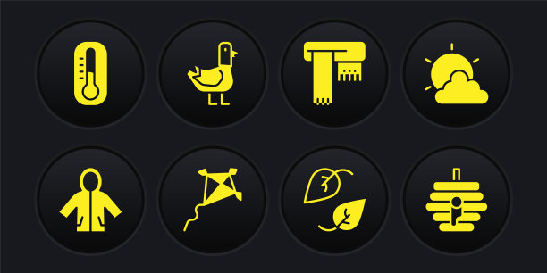 集雨衣，太阳和云的天气，风筝，树叶，冬季围巾，鸽子，蜂箱的蜜蜂和温度计图标。向量图片下载