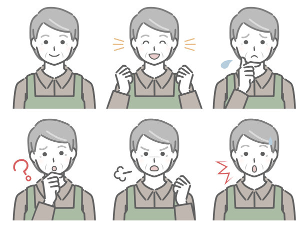 一位系着围裙的老人的各种面部表情图片下载