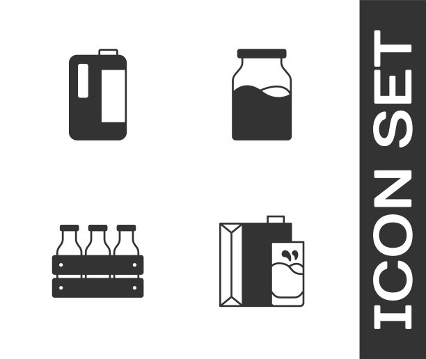 纸包装的牛奶，牛奶在塑料瓶，瓶装木盒和图标。向量图片下载