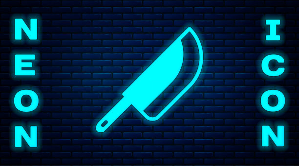 发光的霓虹刀图标孤立的砖墙背景。餐具的象征。万圣节派对快乐。向量图片下载