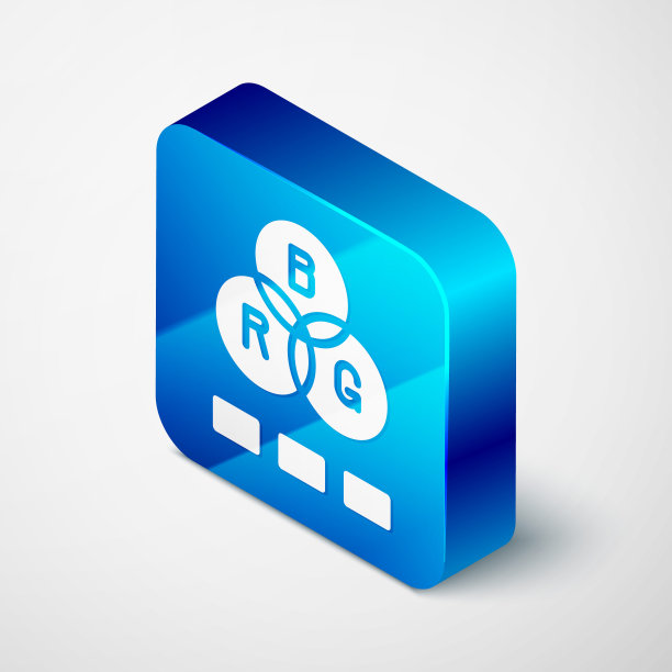 等距RGB颜色混合图标隔离在灰色背景。蓝色方形按钮。向量图片下载