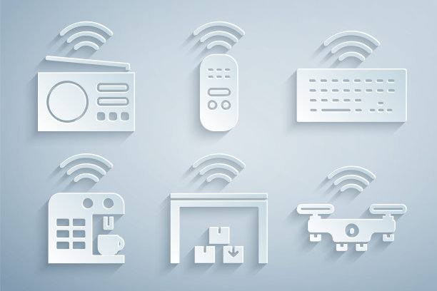 集智能仓库，无线键盘，咖啡机，无人机，遥控器和无线电图标。向量图片下载