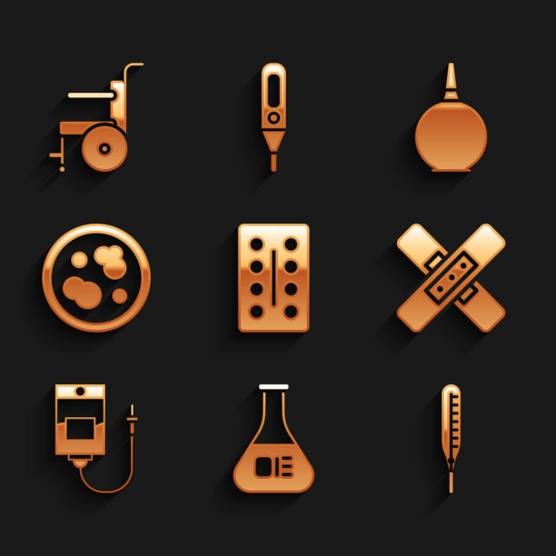 设置药丸泡罩包装，试管和烧瓶，医用温度计，交叉绷带石膏，静脉注射袋，细菌培养皿，灌肠和残疾人轮椅图标。向量图片下载