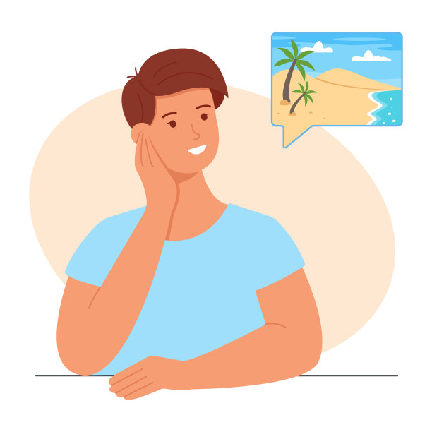 男人梦想旅行。他想去度假，去海滩度假，去海边度假。沉思的梦想家，想去大自然旅行。向量图片下载