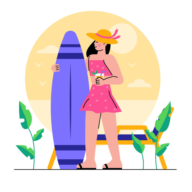 娱乐的概念。戴帽子的女人站在沙滩上，拿着冲浪板图片下载