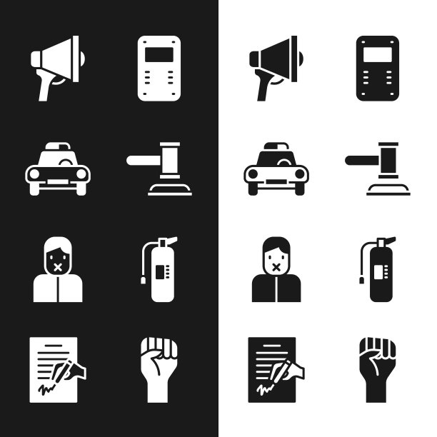 法官 gavel、警车和闪光器、扩音器、防暴盾牌、言论审查、灭火器、举起紧握的拳头和请愿图标矢量图图片下载