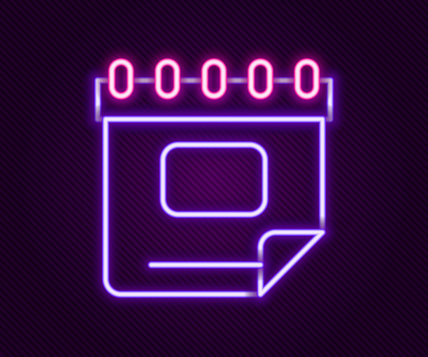 发光的霓虹线日历图标孤立的黑色背景。事件提醒符号。色彩缤纷的轮廓概念。向量图片下载