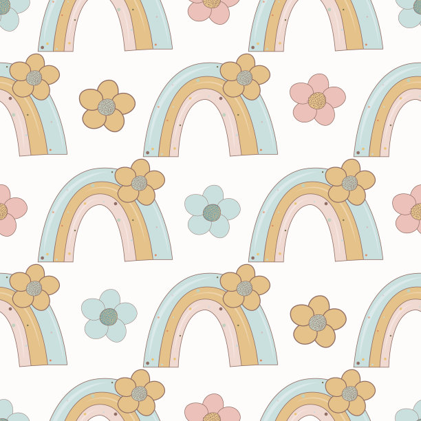 小朋友可爱的彩虹无缝图案，彩虹和花重复纸。孩子的背景。可爱的重复印花。纺织品设计图片下载