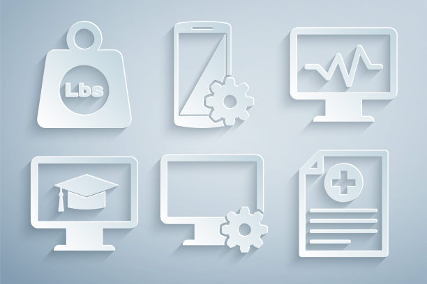 设置计算机监视器和齿轮，监视器与心电图，毕业帽，临床记录，设置智能手机和体重磅图标。向量图片下载