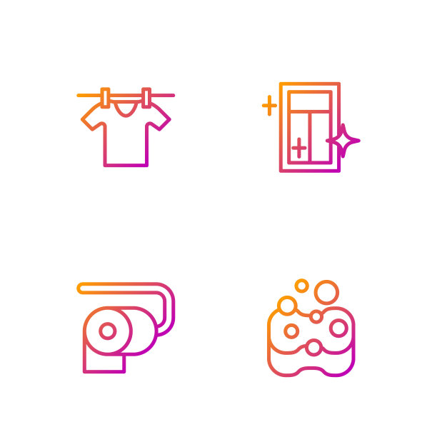 设有海绵、厕纸卷、晾衣、擦窗服务。渐变颜色图标。向量图片下载