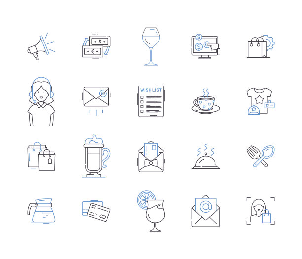 商店和咖啡馆轮廓图标集合。商店，咖啡馆，购物，餐厅，用餐，食品，饮料矢量和插图概念集。咖啡，茶，烘焙线性标志图片下载