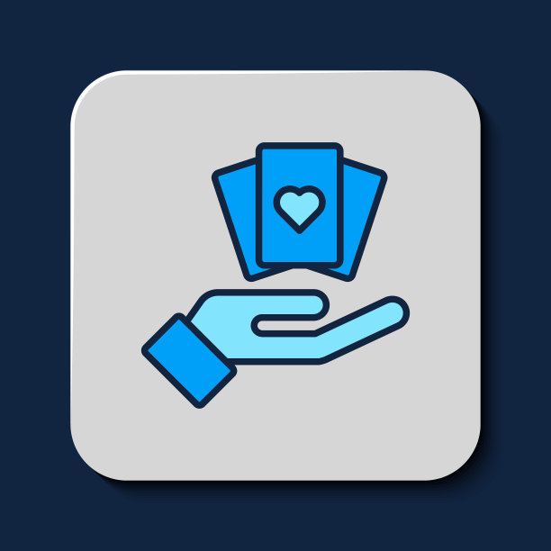 填充轮廓手握纸牌图标孤立的蓝色背景。赌场游戏设计。向量图片下载