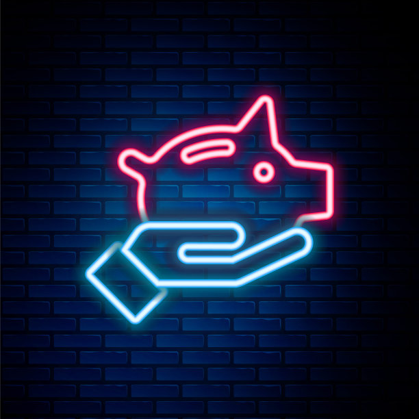 发光的霓虹灯线储蓄罐图标孤立的砖墙背景。图标储蓄或积累金钱，投资。色彩缤纷的轮廓概念。向量图片下载