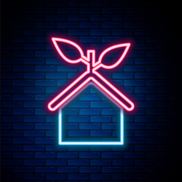 发光的霓虹灯线生态友好的房子图标孤立的砖墙背景。有树叶的生态房子。色彩缤纷的轮廓概念。向量图片下载