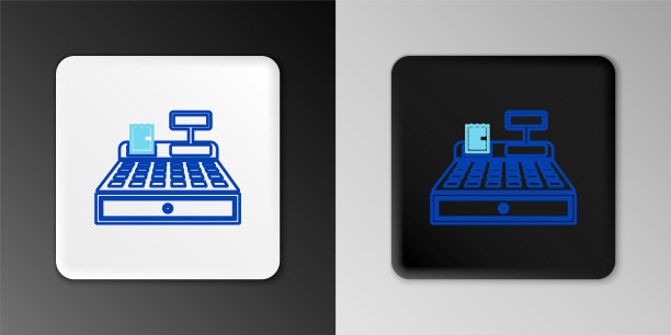 线现金收银机与检查图标隔离在灰色背景。收银员的迹象。钱箱的象征。色彩缤纷的轮廓概念。向量图片下载