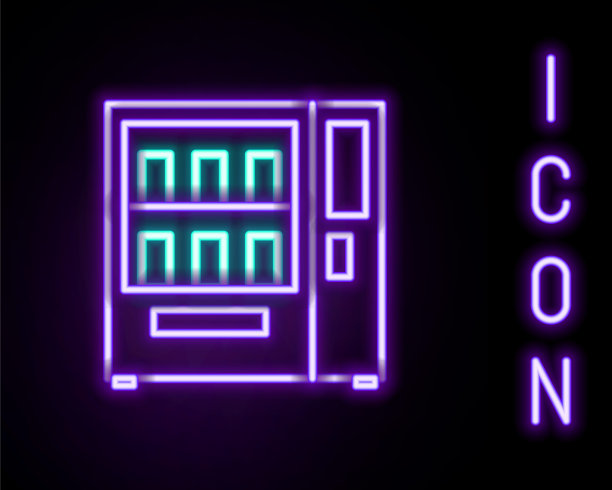 发光的霓虹线自动售货机的食品和饮料的自动销售图标孤立的黑色背景。色彩缤纷的轮廓概念。向量图片下载