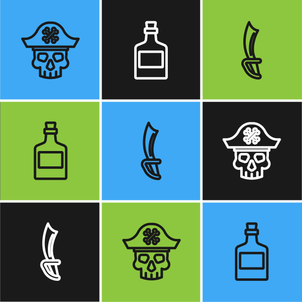 设定路线海盗船长，剑和酒喝朗姆酒图标。向量图片下载