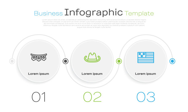 设置线嘉年华花环与旗帜，西部牛仔帽和美国。业务信息图表模板。向量图片下载