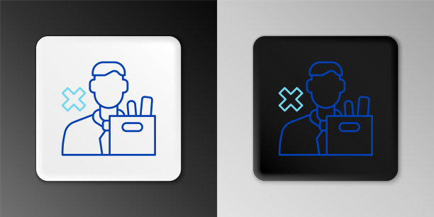 一个悲伤的年轻人带着一个装有私人物品的盒子，把他的工作图标孤立地放在灰色的背景上。员工被解雇。色彩缤纷的轮廓概念。向量图片下载