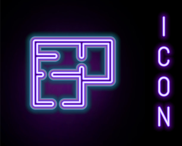 发光的霓虹灯线的房子计划图标孤立的黑色背景。色彩缤纷的轮廓概念。向量图片下载