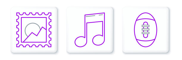 设置线美式足球，图片景观和音乐笔记，音调图标。向量图片下载