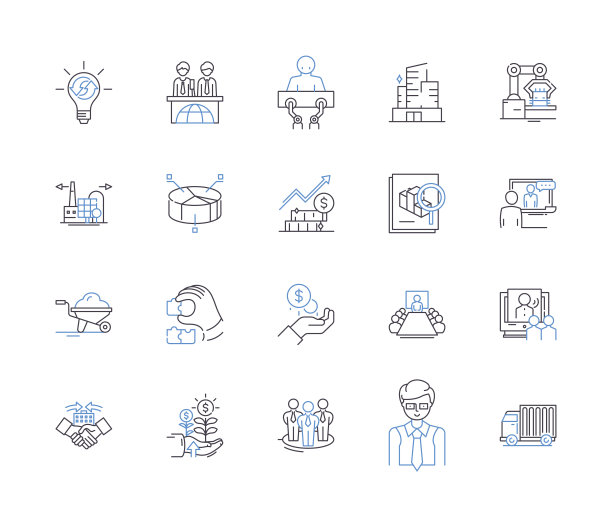 生产工作流程大纲图标收集。制造，工艺，物流，装配，管理，规划，优化矢量和插图概念集。QC，控制，自动化线性标志图片下载