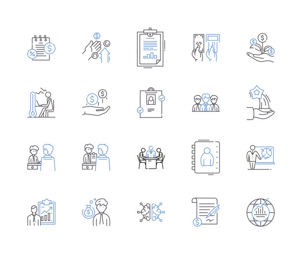 个人理财管理大纲图标集合。预算，储蓄，投资，规划，信贷，保险，退休矢量和插图概念集。税收，债务，支付线性标志图片下载