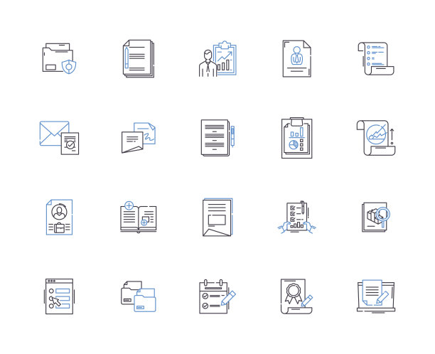 报告概述图标收集。报告，文件，出版，记录，分析，总结，日志矢量和插图概念集。发现、调查、调查线性标志图片下载