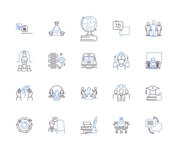 专业教育大纲图标收藏。专业，教育，培训，教练，课程，资格，文凭矢量和插图概念集。认证、开发、指导线性标志图片下载
