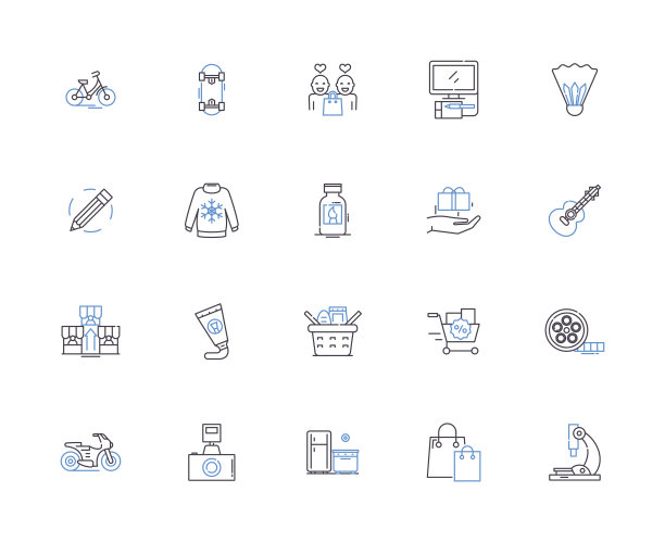 零售企业图标提纲集合。零售，商业，购物，商店，商品，贸易，商店矢量和插图概念集。货、售、客线性标牌图片下载