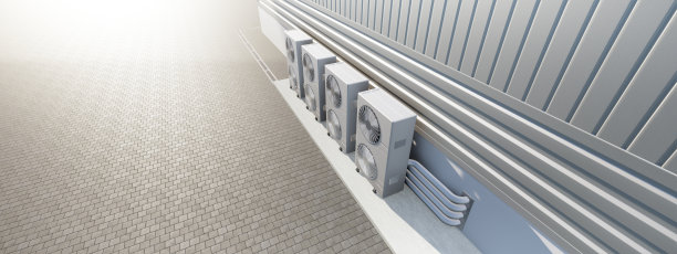 工厂外冷凝器或压缩机的三维效果图。空调机组，采暖通风或暖通空调系统。包括风扇，盘管和泵内加热和冷却图片下载